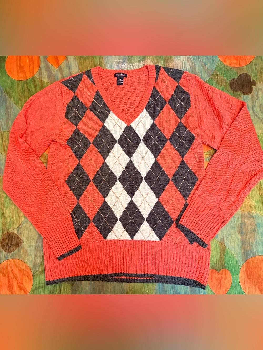 Womens V Neck Argyle Sweater Size XL Steve & Barry’s Acrylic Vintage Orange Blac